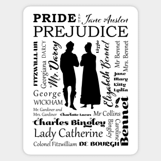 Pride and Prejudice Characters Typography Design - Black and White Sticker